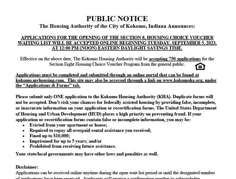 Kokomo Housing Authority to accept applications for vouchers Sept. 5