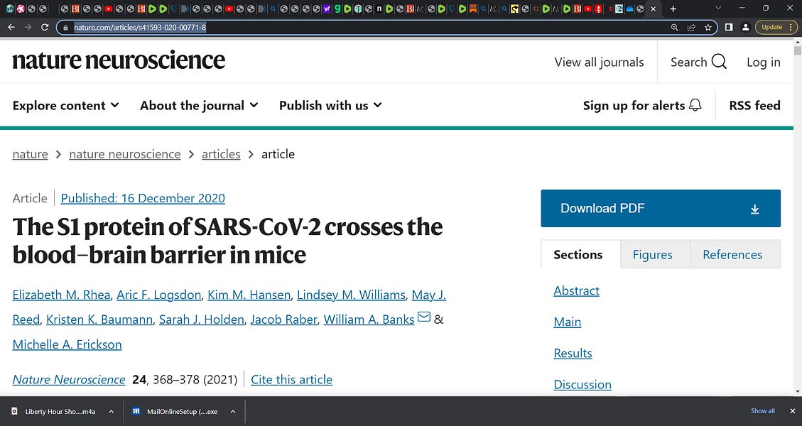 Does the S1 (spike) protein of the COVID virus enter the brain, cross the blood-brain barrier (BBB)? Rhea's NATURE study on mice says YES! It is also taken up by the lung, spleen, kidney and liver