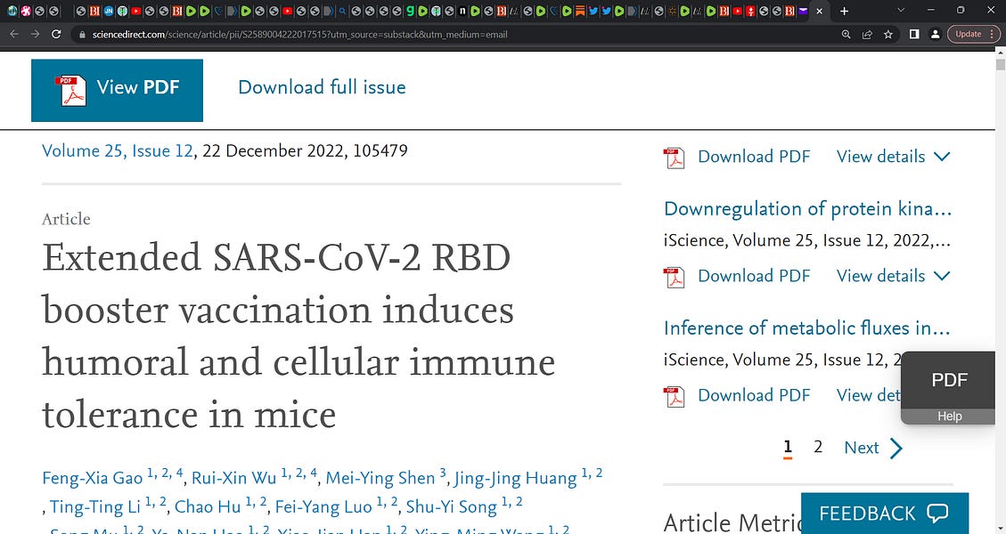 Gao et al.: Massive risks with COVID gene injection boosting (in a mice model) "Extended SARS-CoV-2 RBD booster vaccination induces humoral and cellular immune tolerance in mice"; aka, immune failure