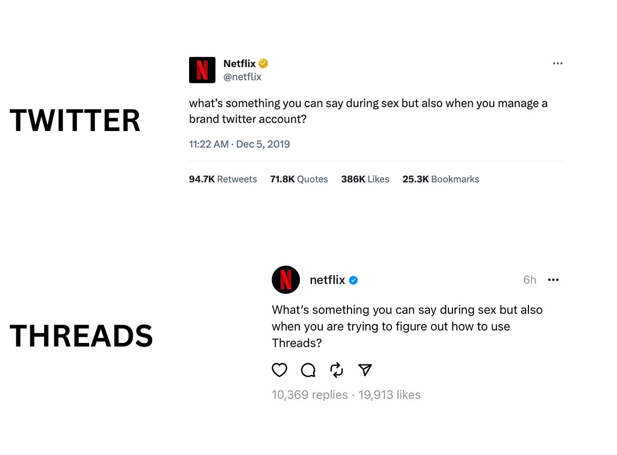 Two screenshots of Netflix essentially posting the same thing on Twitter and Threads.