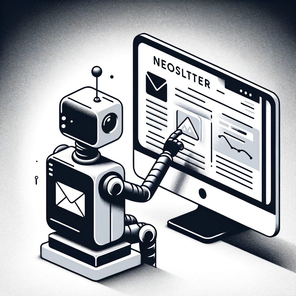 A minimalistic grayscale illustration on a white background depicting AI boosting a Substack newsletter. The image shows a stylized robot (representing AI) interacting with a computer screen displaying a newsletter interface. The scene is simple and clean, with clear lines and minimal details to convey the concept effectively.