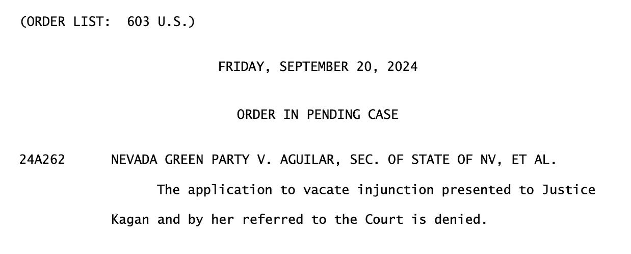 (ORDER LIST: 603 U.S.) FRIDAY, SEPTEMBER 20, 2024 24A262 ORDER IN PENDING CASE NEVADA GREEN PARTY V. AGUILAR, SEC. OF STATE OF NV, ET AL. The application to vacate injunction presented to Justice Kagan and by her referred to the Court is denied.