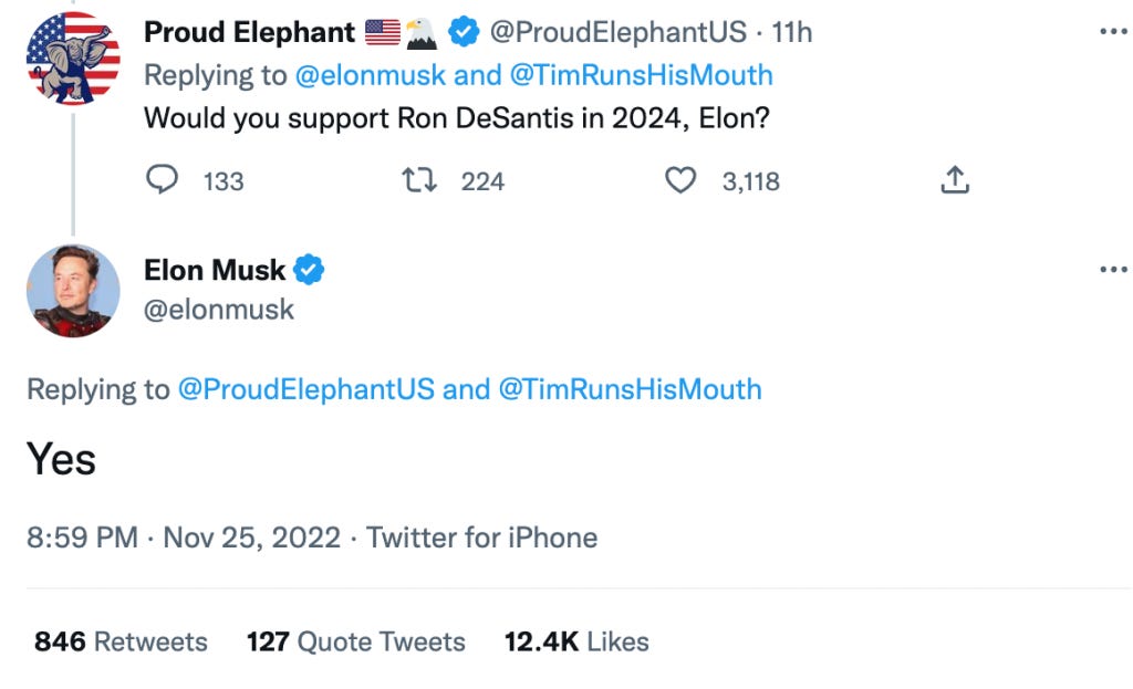 A screenshot of Elon Musk replying to a Twitter user about potential presidential candidates.