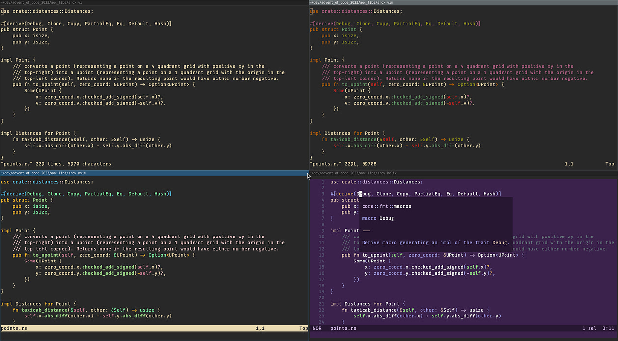 vi, vim, neovim, and helix editors in their default
configuration