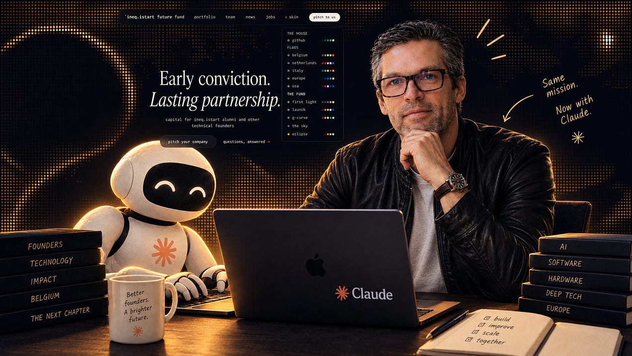 Cover image: a man sits at a desk behind a Claude-stickered laptop, a small smiling robot typing beside him on stacks of books labelled founders, technology and impact, the fund's homepage glowing behind them beside a handwritten note reading “Same mission. Now with Claude.”
