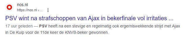 Regular Google search result for a news story about PSV v Ajax