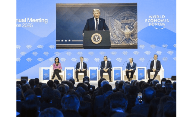 U.S. President Donald Trump makes a special address remotely to the 55th annual World Economic Forum (WEF) meeting in Davos, Switzerland, January 23, 2025.