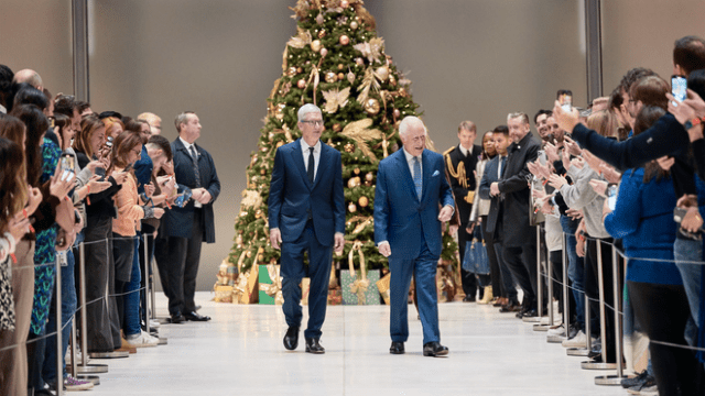 Apple CEO Tim Cook welcomes King Charles III to Battersea Power Station, Apple’s U.K. headquarters in London.