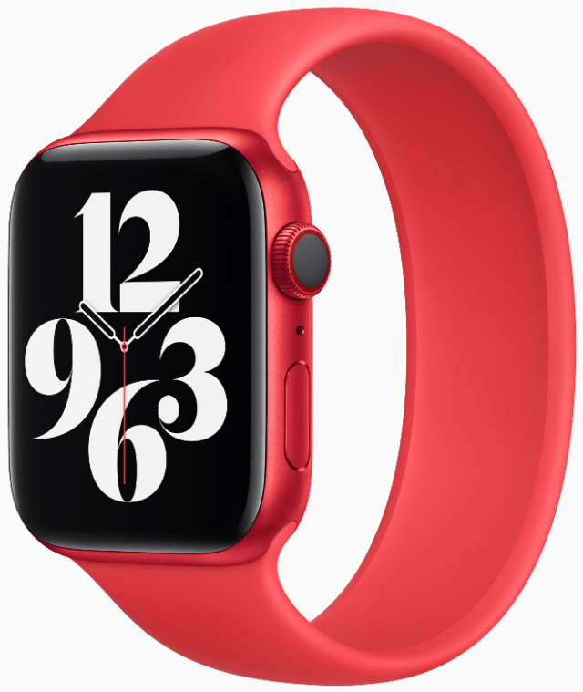 The new (PRODUCT)RED Apple Watch Series 6 with exclusive matching Solo Loop.