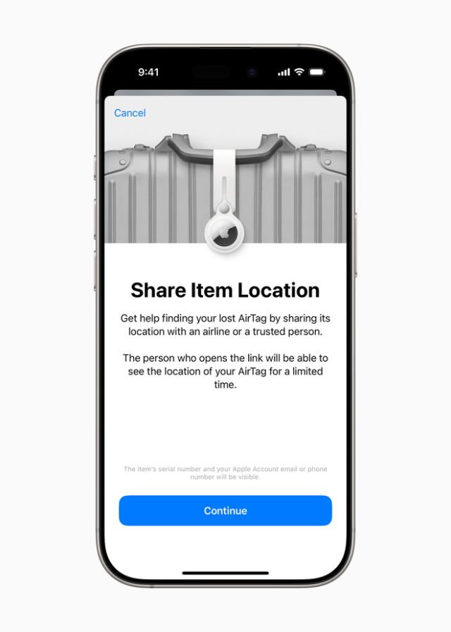 Share Item Location is a new iOS feature that helps users locate and recover misplaced items by easily and securely sharing the location of an AirTag or Find My network accessory with third parties such as airlines. Share Item Location is a new iOS feature that helps users locate and recover misplaced items by easily and securely sharing the location of an AirTag or Find My network accessory with third parties such as airlines.