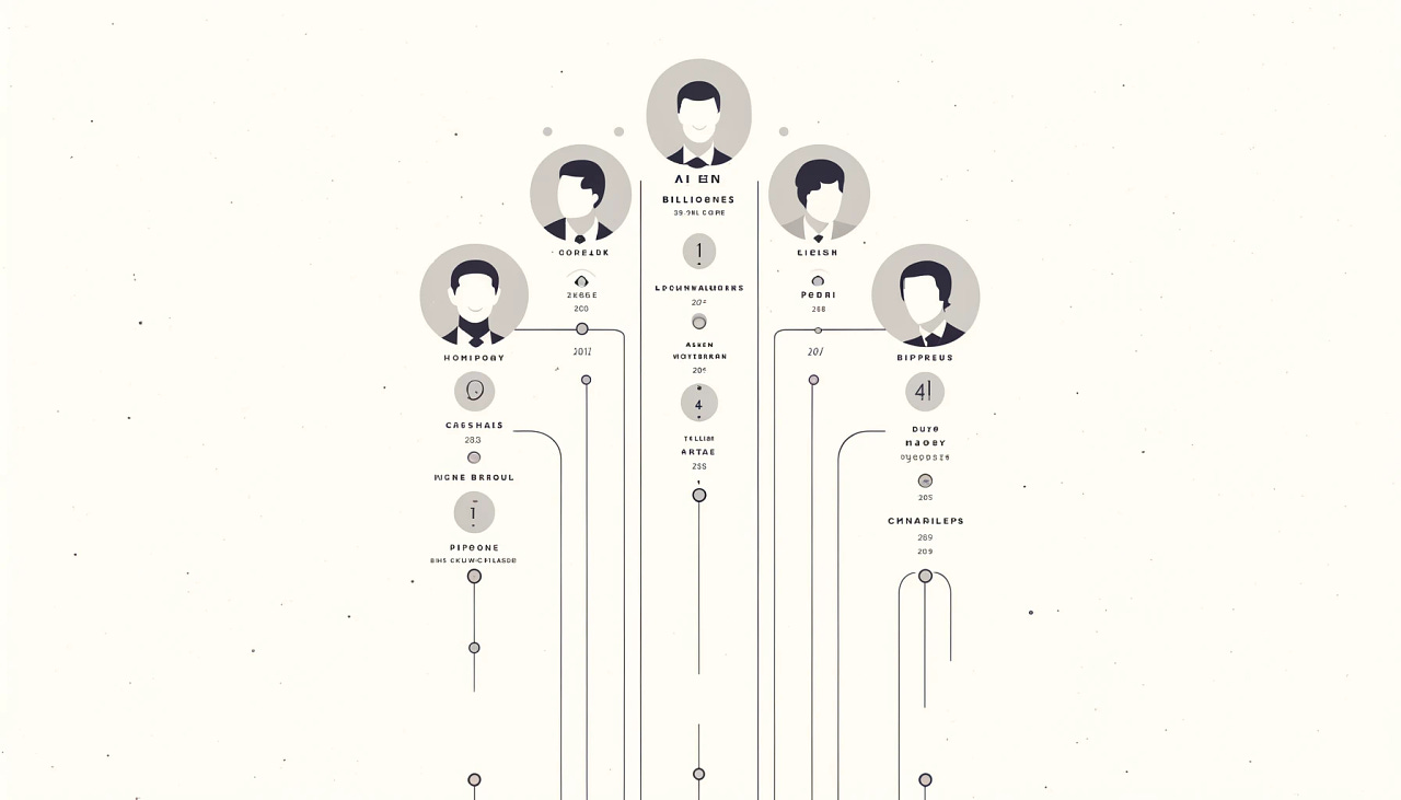 A minimalistic greyscale illustration on an off-white background showing a ranking of AI billionaires. The illustration features simple, abstract icons representing each person, arranged in a vertical list from 1 to 11. Each icon includes the person's name and their company. The names and companies are displayed in clean, modern typography. The illustration has a clean and modern aesthetic, with thin lines and simple shapes.