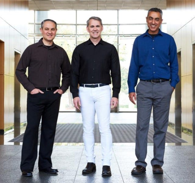 NUVIA Inc co-founders John Bruno, Gerard Williams III and Manu Gulati pose at the company’s Santa Clara, California headquarters, U.S., in this undated handout photo released on November 15, 2019. Courtesy NUVIA Inc/Handout via REUTERS