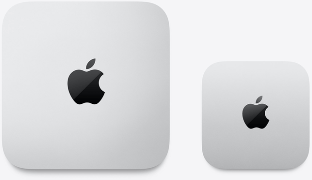 Left: Mac mini (2023): 7.75 by 7.75 inches. Right: Mac mini (2024): 5 by 5 inches