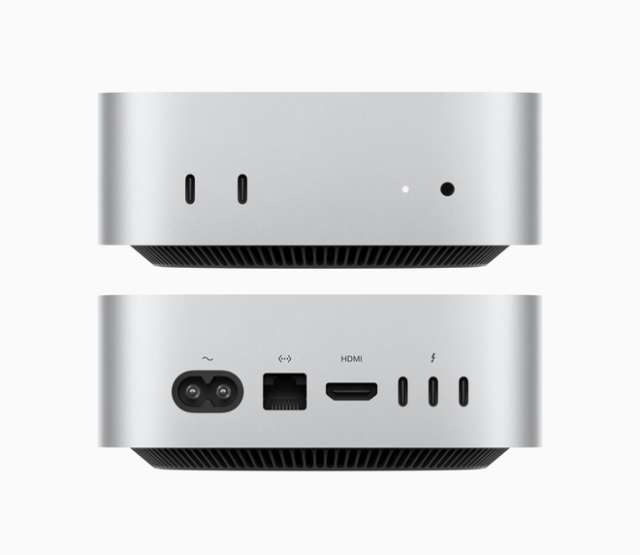 Top image: The new front-facing ports on Mac mini include two USB-C ports and an audio jack with support for high-impedance headphones.    Bottom image: On the back, the M4 model features three Thunderbolt 4 ports, and the M4 Pro model includes Thunderbolt 5 for the first time. Both models also include Gigabit Ethernet and an HDMI port.