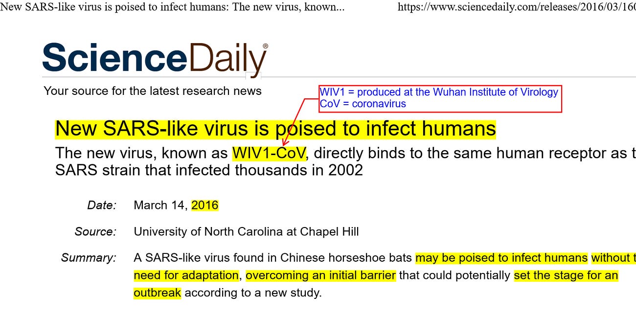 2016 press release* shows "New SARS-like virus is poised to infect humans" (funded by NIH at Wuhan Institute of Virology)