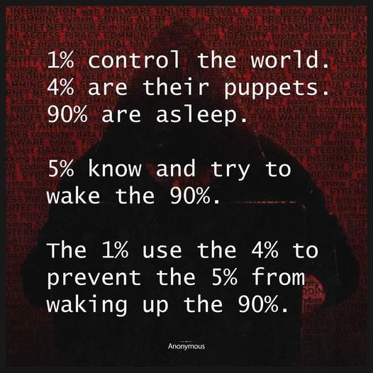 "1% control the world. 4% are their puppets. 90% are asleep."