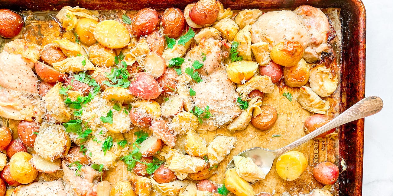 sheet-pan chicken with artichokes and potatoes