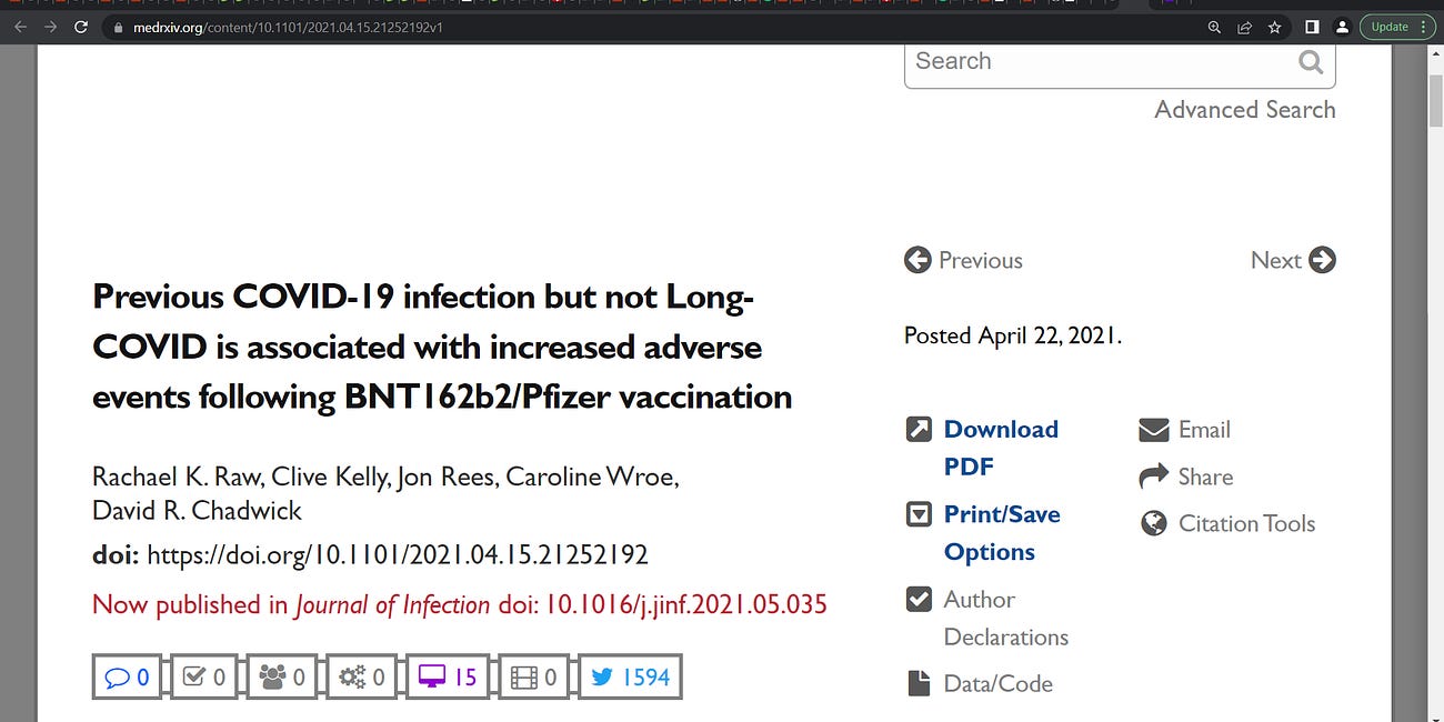 Raw et al.: "Previous COVID-19 infection but not Long-COVID associated with increased adverse events after Pfizer vaccination"; to layer COVID vaccine on recovered immunity is not good; see Krammer