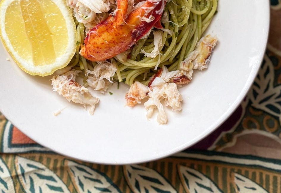 Pesto Pasta with Dungeness and Lobster...