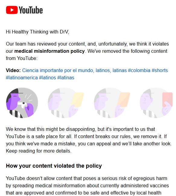 YouTube censored my compilation of 9 peer-reviewed Medline-indexed scientific articles featuring world-famous experts; YT is lying and blocking accurate information by censoring and mischaracterizing 