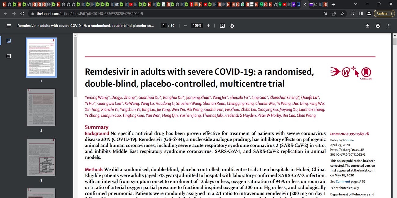 REMDESIVIR key study in LANCET April 2020 (Wang) swept under the rug by media & Fauci: "Remdesivir in adults with severe COVID-19: a randomised, double-blind, placebo-controlled, multicentre trial"