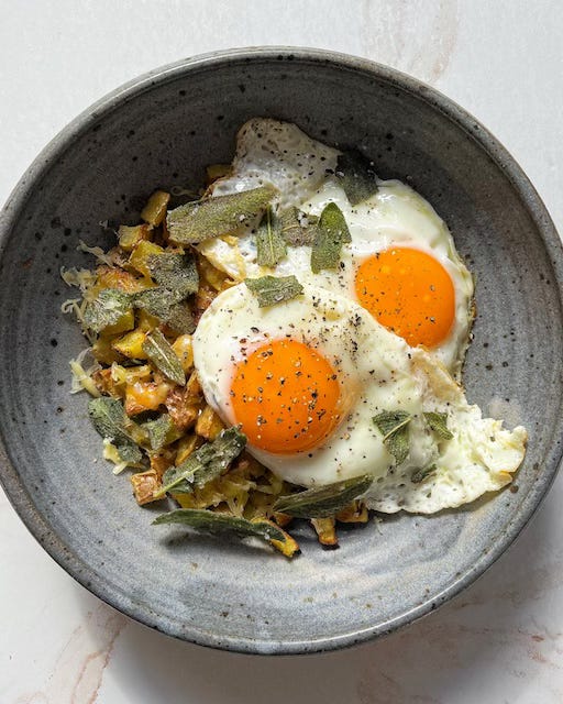 Cheddar Sage Breakfast Potatoes with Fried Eggs