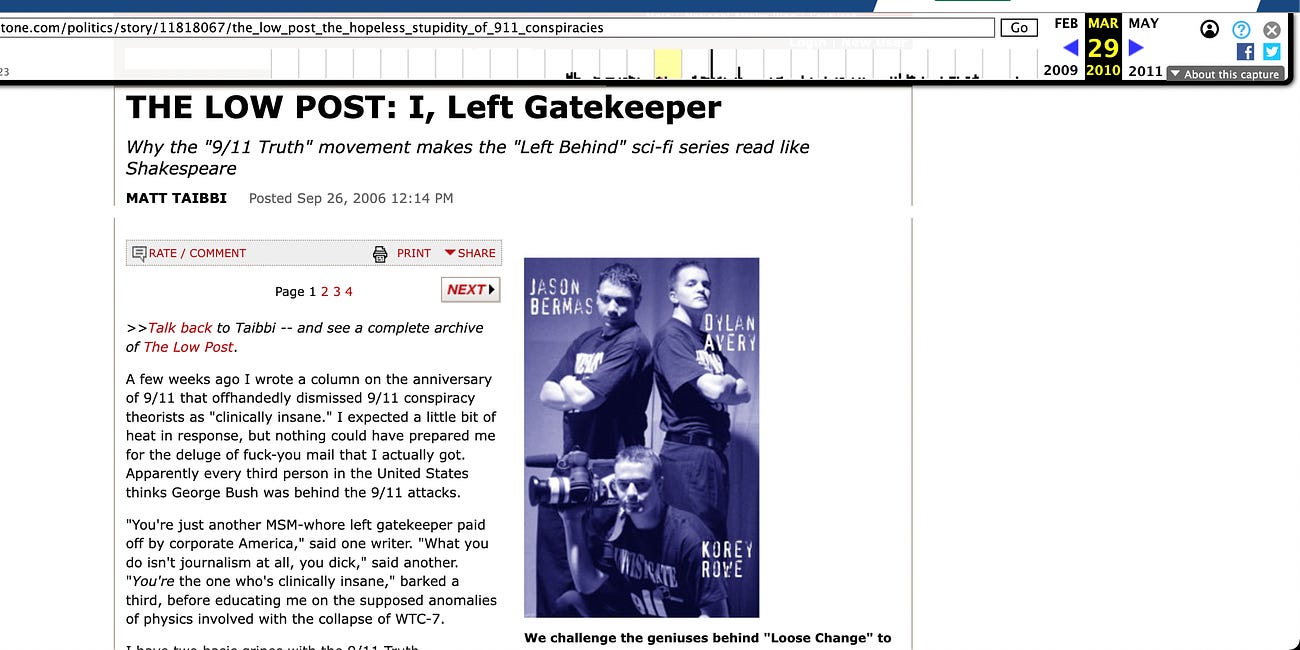 Here is the Rolling Stone Matt Taibbi 9/11 Truth article now relegated to the Wayback Machine