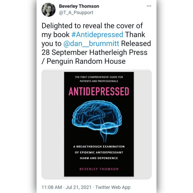 Exciting new #BookLaunch for “#Antidepressed” 📚 by #Author- Beverley Thomson. September 28th Hatherleigh Press / Penguin Random House.