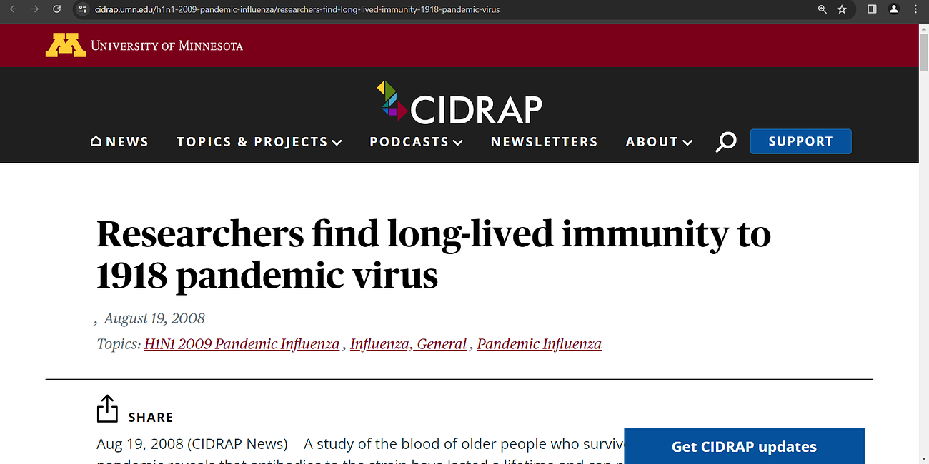 Natural immunity lasts for at least 100 years & I (Oskoui, McCullough, Risch, Tenenbaum, Ladapo et al.) told you this; I highlight a study in 2008 (I put in substack prior) showing you we found immune