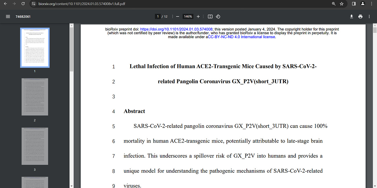 Wei: Chinese mice gain-of-function study show how deadly SARS coronavirus is: 'SARS-CoV-2-related modified pangolin coronavirus GX_P2V(short_3UTR) can cause 100% death in human ACE2-transgenic mice',