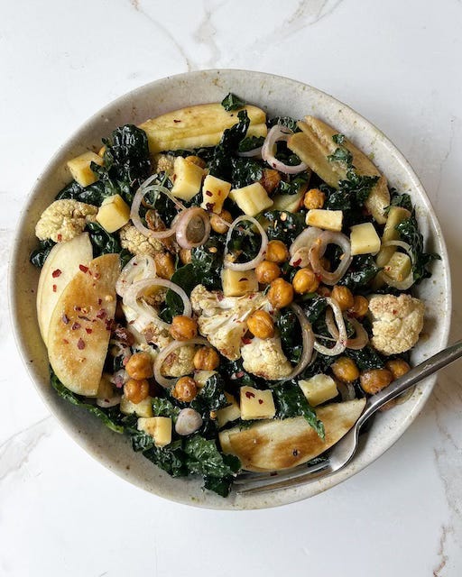 Cheddar Apple Chickpea Kale Salad with Cauliflower and Thyme Balsamic Dressing