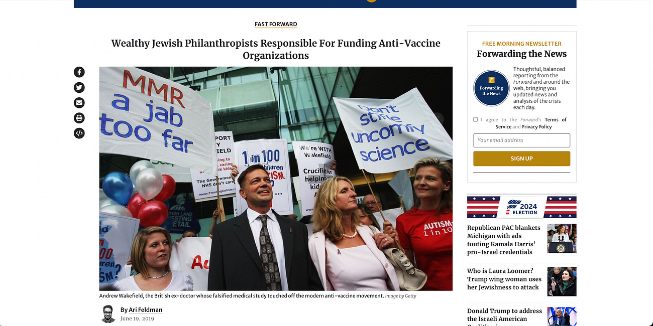 June 19, 2019: "Wealthy Jewish Philanthropists Responsible For Funding Anti-Vaccine Organizations"