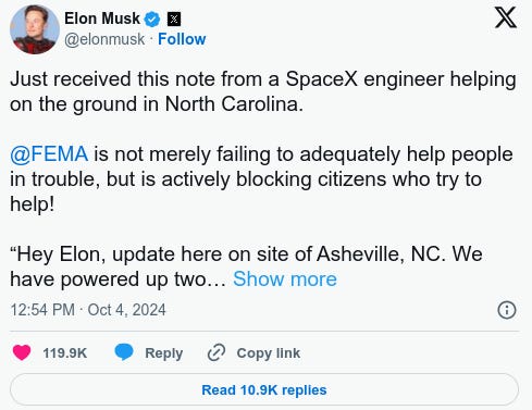 PURE EVIL: '...FEMA Is Actively Blocking Shipments and Seizing Goods and Services Locally and Locking Them Away to State They Are Their Own.' - Musk