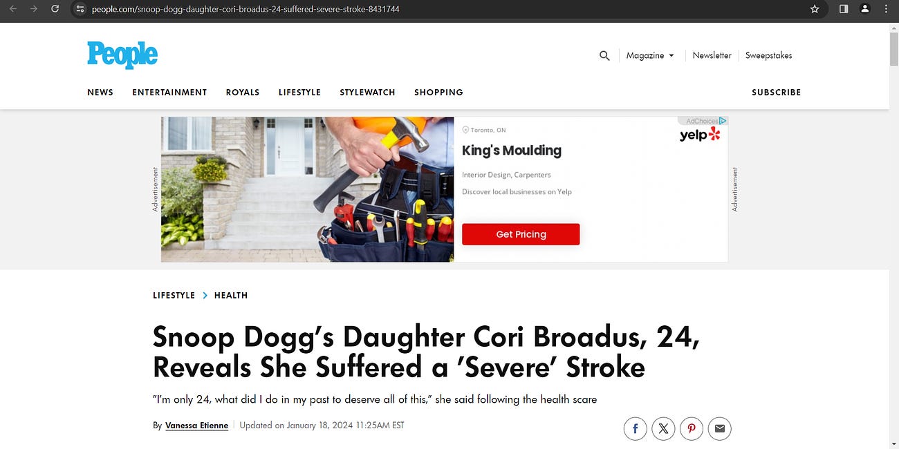 Snoop Dogg's daughter Cori Broadus, 24, suffers severe stroke; Former NFL Saints LB Ronald Powell 32, dies suddenly; Olympic Pole Vaulter Shawn Barber Dead At 29 suddenly...but sshhhuussshhh, mRNA? 