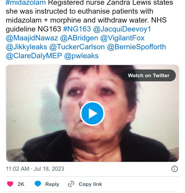 Premeditated GENOCIDE: Registered Nurse Zandra Lewis States She Was Instructed to Euthanise Patients With Midazolam + Morphine and Withdraw Water