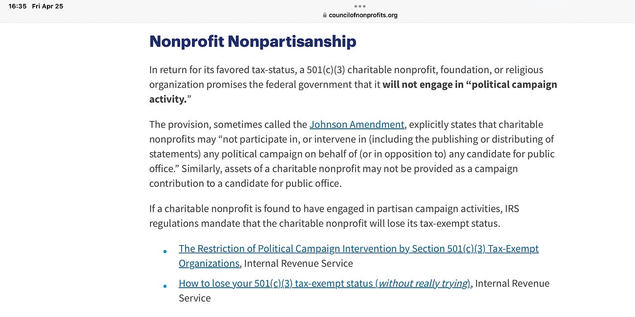 501c3 Organizations Are Prohibited From Political Campaigning, Including Opposing a Candidate