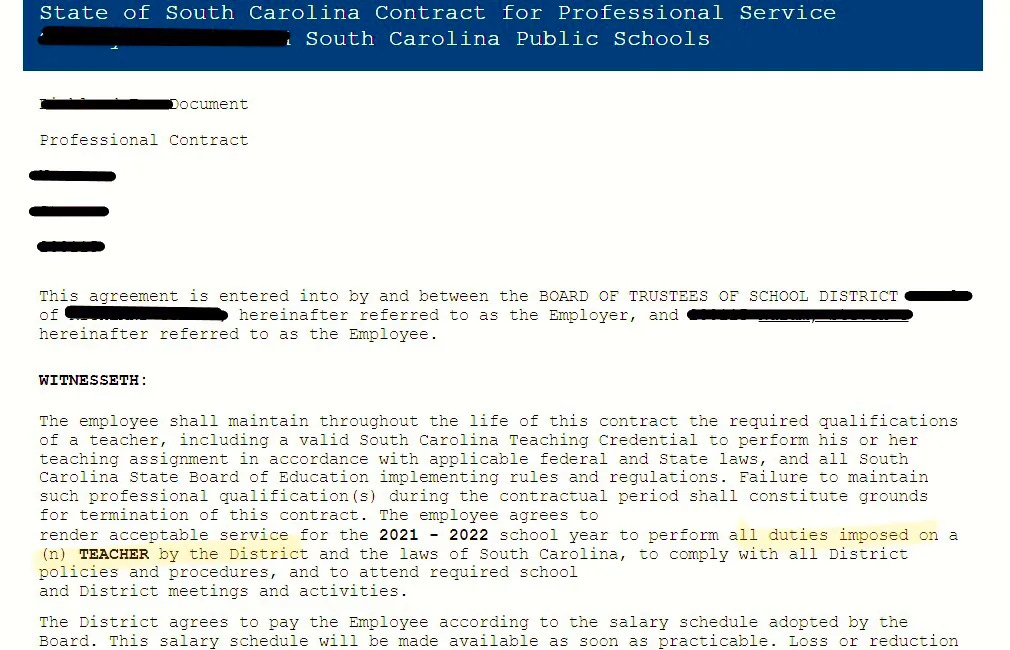 South Carolina teacher "contracts" are not actually contracts