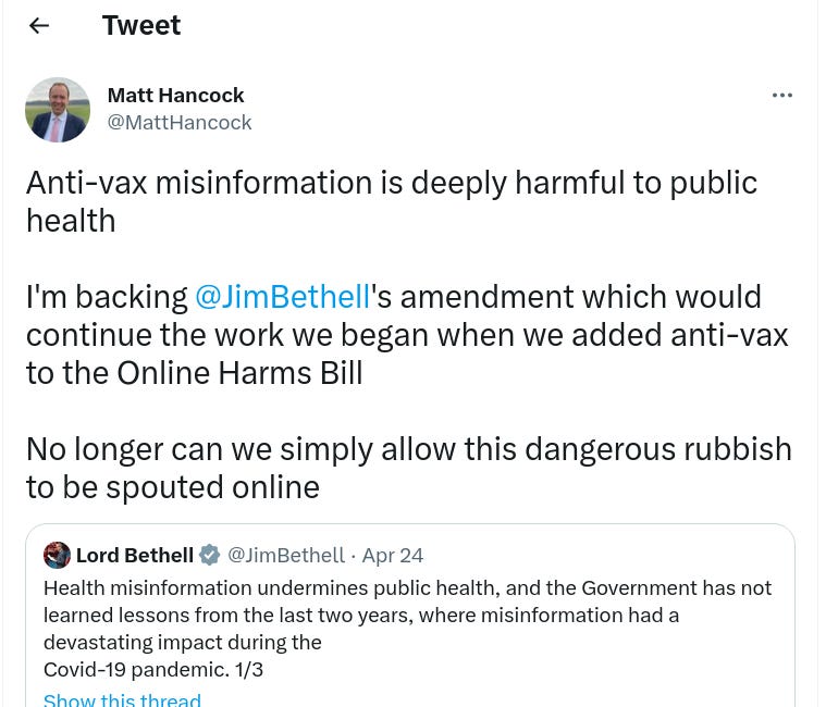 Matt Hancock Wants To Criminalise Vaccine Misinformation:”Anti-Vax” Added to the Online Harms Bill