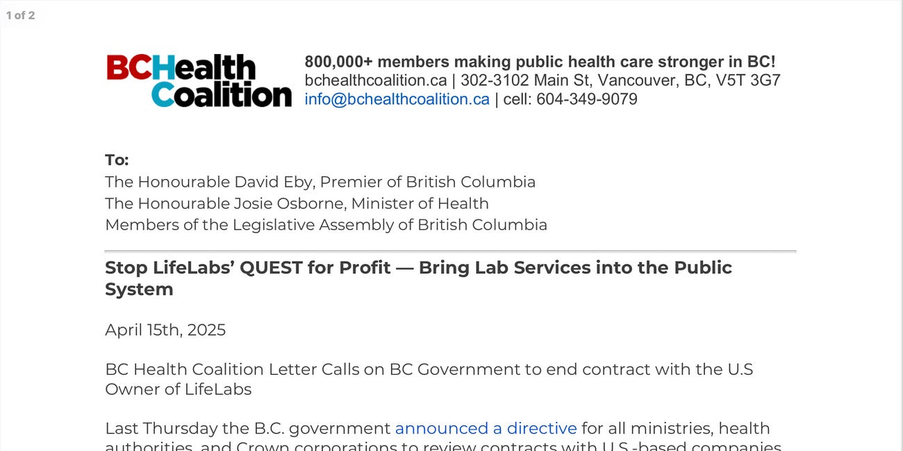 BC Health Coalition Wants Eby Government to Cancel its Sole Source Contract with Quest Diagnostics