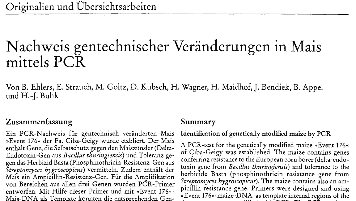 Robert Koch Institute PCR Primers for Detection of Endotoxin producing GMO Maize DNA