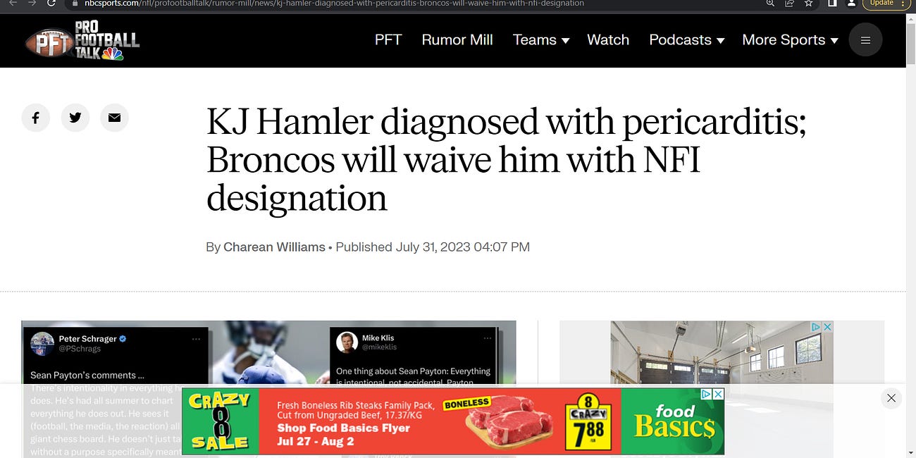 NFL players be warned! Damar Hamlin was not a one-off, many of you are vaccine injured with 'silent' myocardits/pericarditis (e.g. BRONCOS KJ Hamler) from fraud lethal mRNA technology based gene 