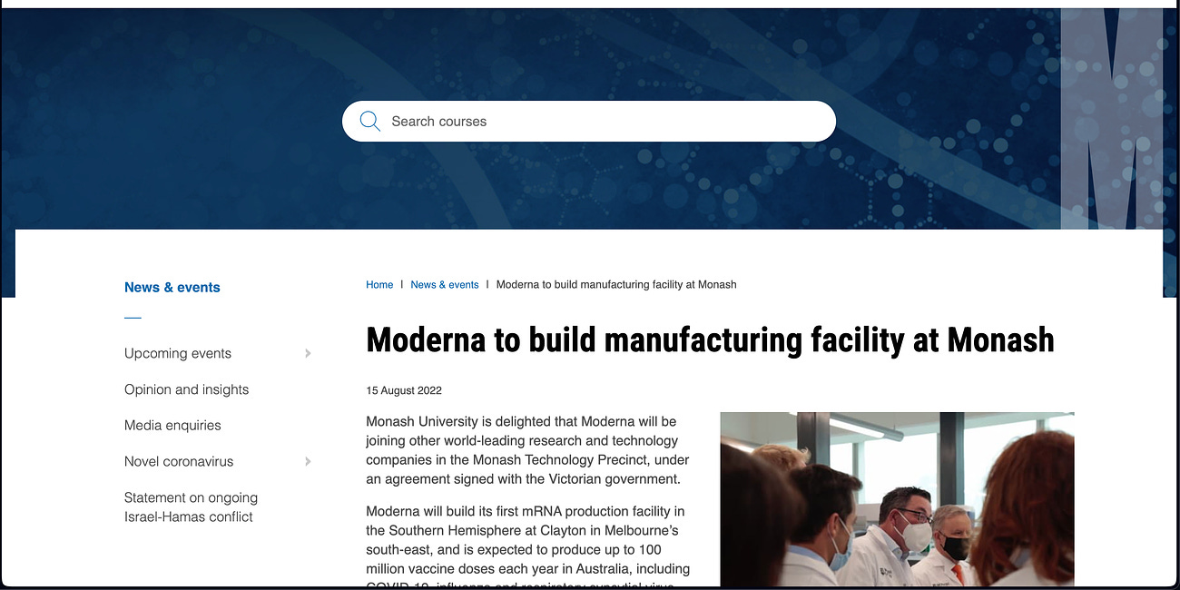 Monash University which launched the "Ivermectin is an Antiviral" Narrative is also the upcoming site of a Moderna mRNA Factory