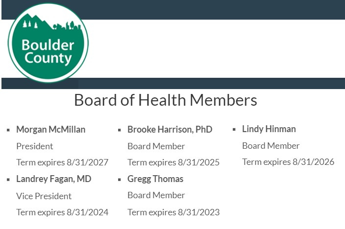 The Boulder County Board of Health consists entirely of medical retards and proven grifters, among them a CIGNA rep, a pharma consultant, and a chubby weatherman