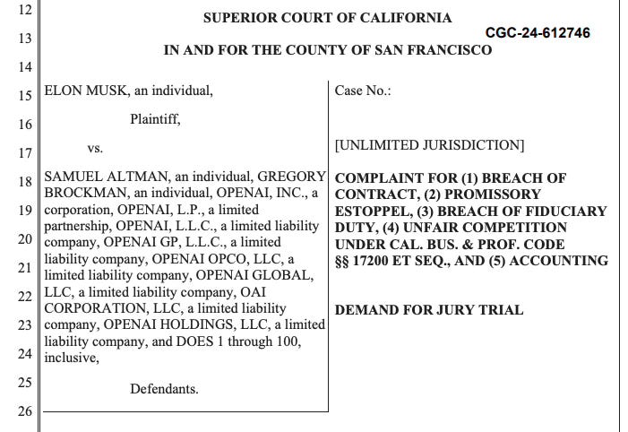 MS Copilot's analysis of "Elon Musk vs OpenAI". The complaint seeks to compel the defendants to follow the original agreement and to return to their mission of developing AI for the public good