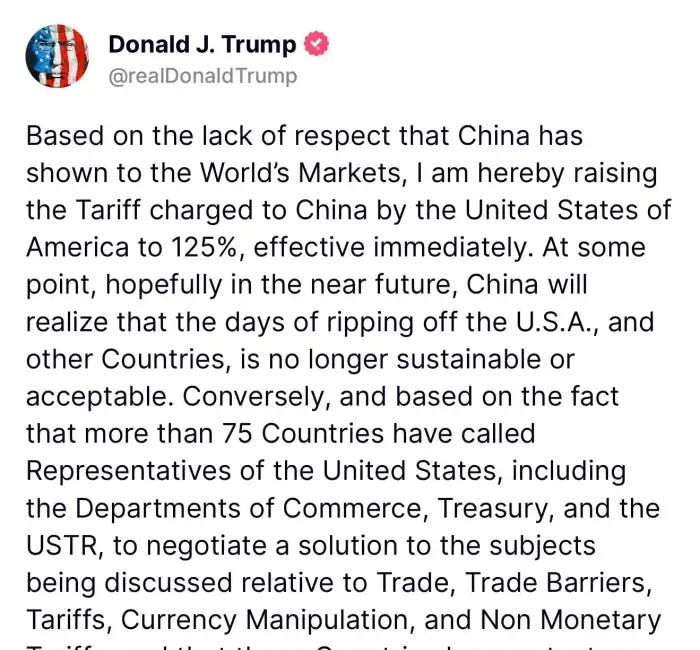 Trump CAVES: Orders 90 Day Pause on All Tariffs While Increasing China's Tariff Rate to 125%