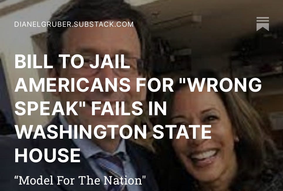 BILL TO JAIL AMERICANS FOR "WRONG SPEAK" FAILS IN WASHINGTON STATE HOUSE 