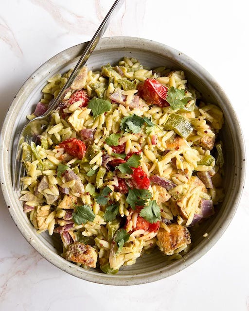 Roasted Veggie Orzo Salad with Jalapeño Ranch Dressing