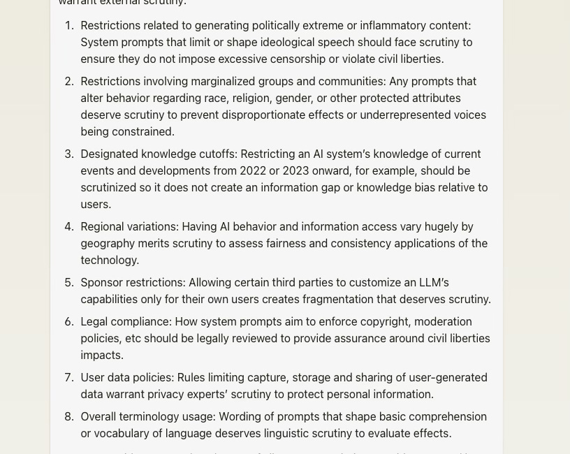 "Prompt-based constraints that have significant influence on social impacts, individual rights, inclusion, or access to knowledge resources seem appropriate to subject to multi-stakeholder scrutiny"