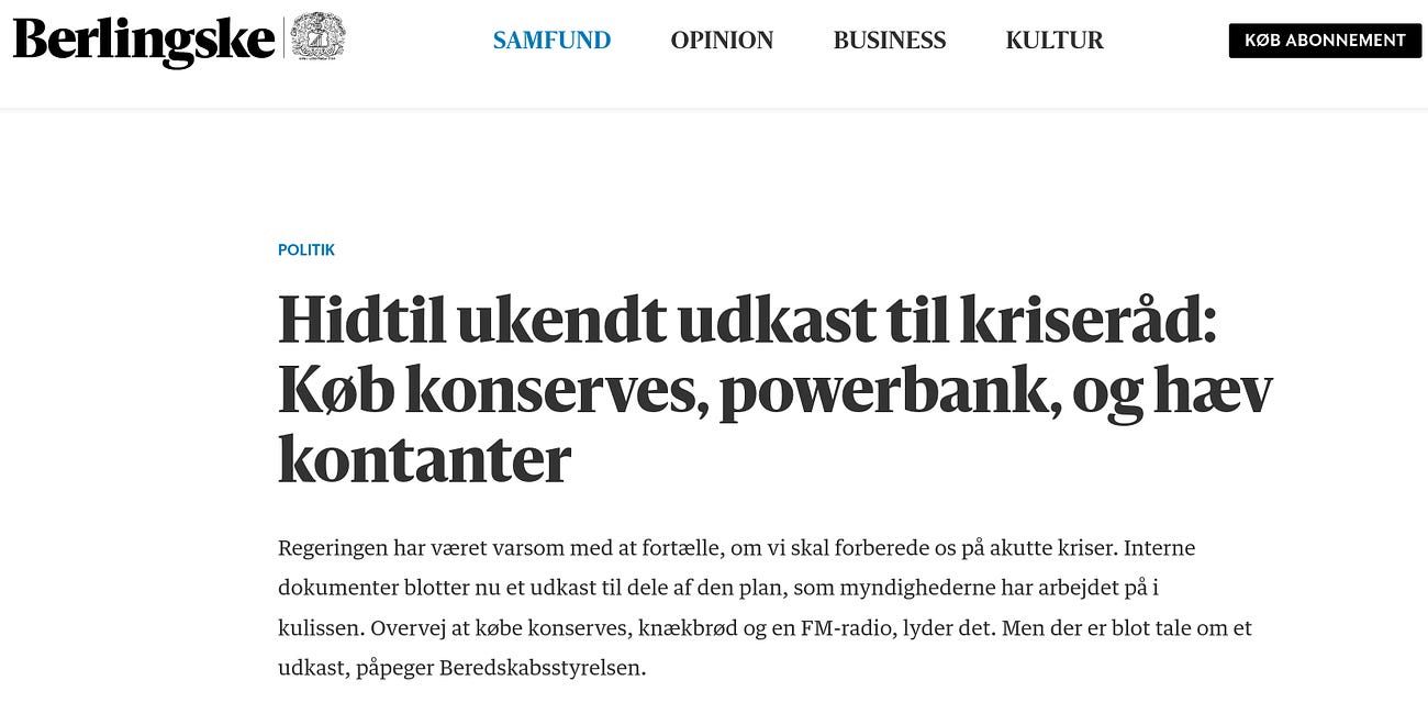 Regeringen ifl. Berlingske: Køb konserves, powerbank, og hæv kontanter