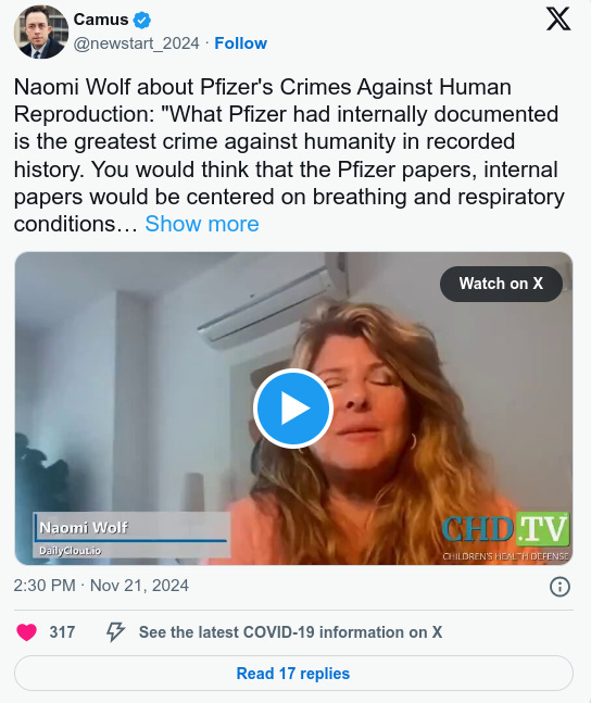 Dr. Naomi Wolf: "What Pfizer Had Internally Documented is the Greatest Crime Against Humanity in Recorded History.”